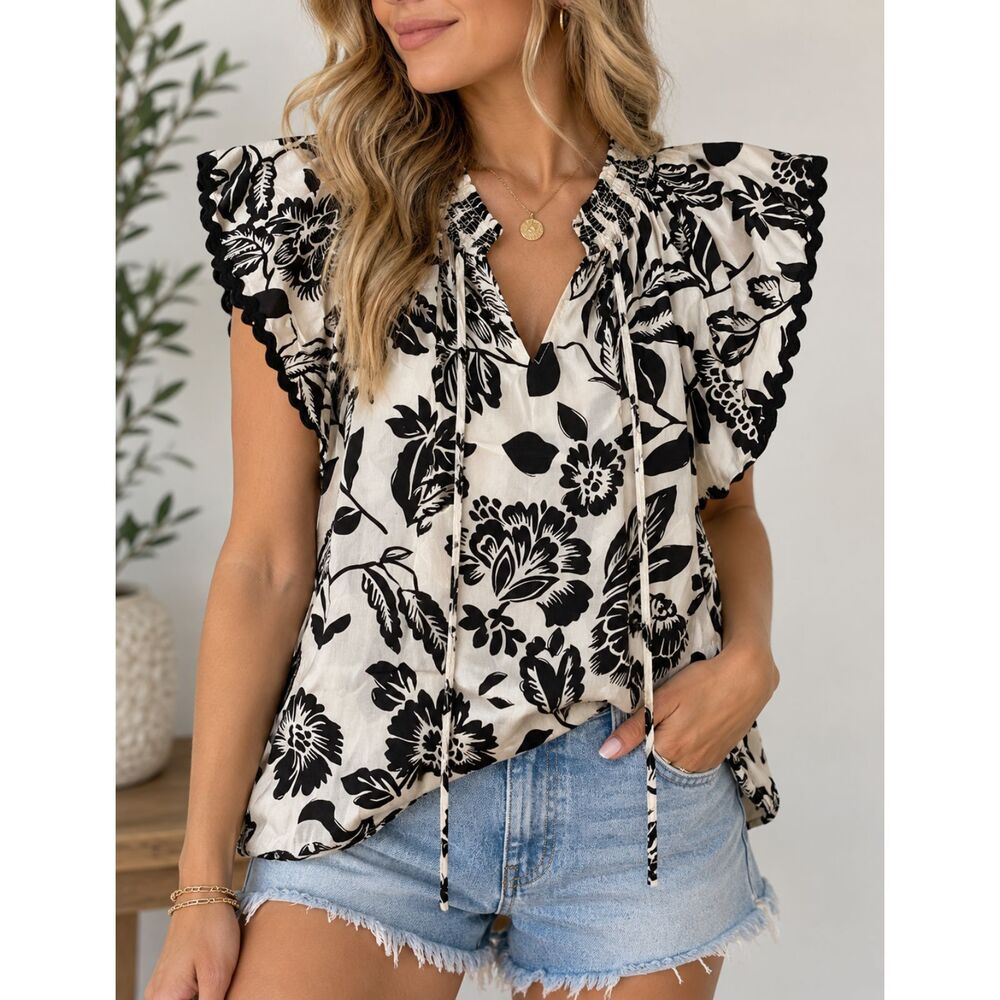 Entro Black Ivory Floral Boho Blouse Women’s Small Puff Sleeve Tie Neck